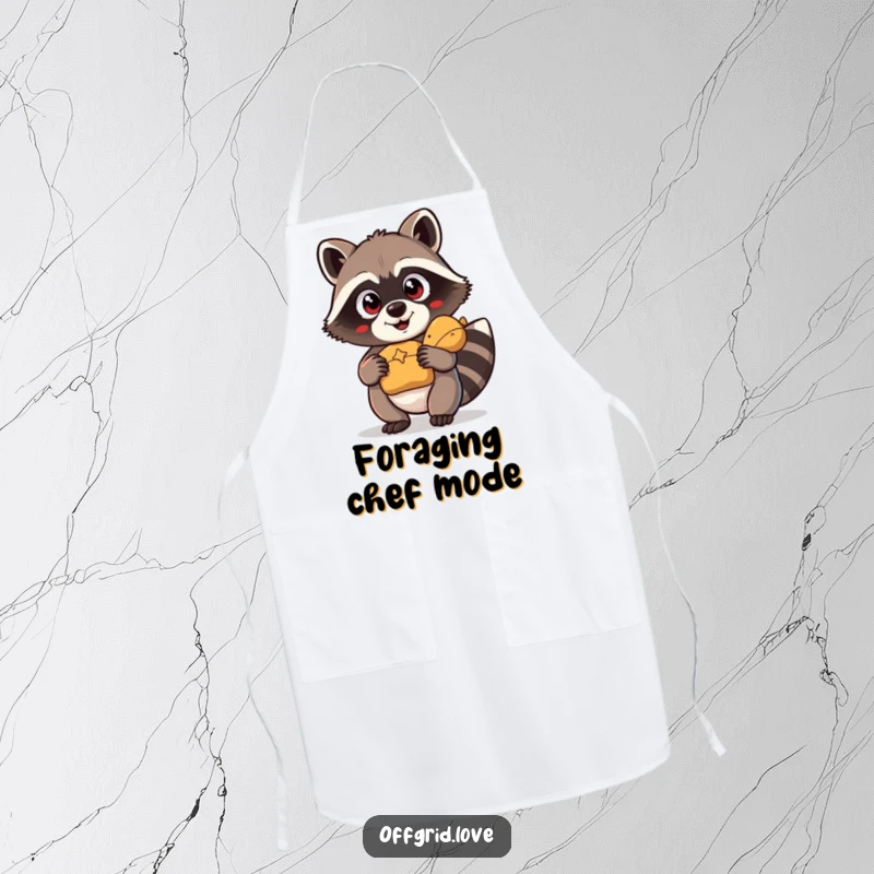 Funny Apron: Cartoon raccoon with wide eyes guards its found treasure in the kitchen.