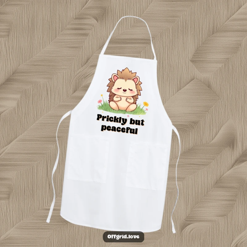 Funny apron with a peaceful hedgehog meditating in a serene meadow, perfect for a calm and humorous cooking experience.