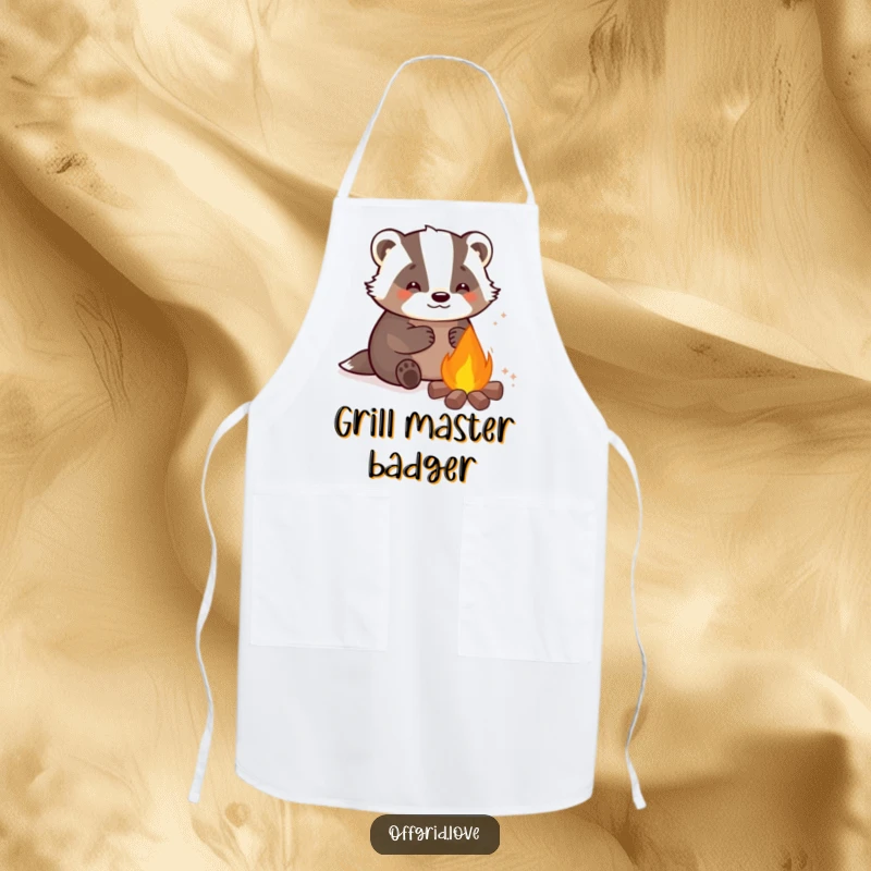 Funny apron with a content badger character warming by a campfire, bringing cozy charm to any kitchen.
