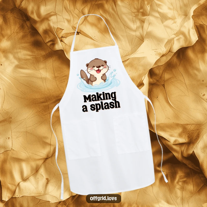 Funny apron featuring a gleeful otter character joyfully splashing in a natural stream, perfect for a fun-loving cook.