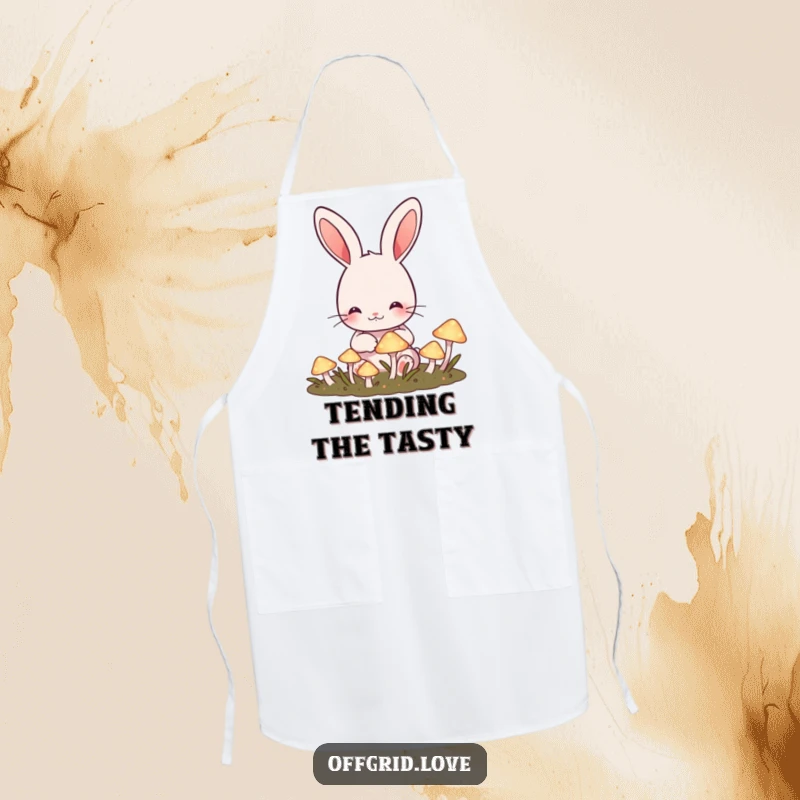 Funny Rabbit Apron: Cute rabbit happily tending a garden of glowing mushrooms, a funny and magical kitchen accessory.