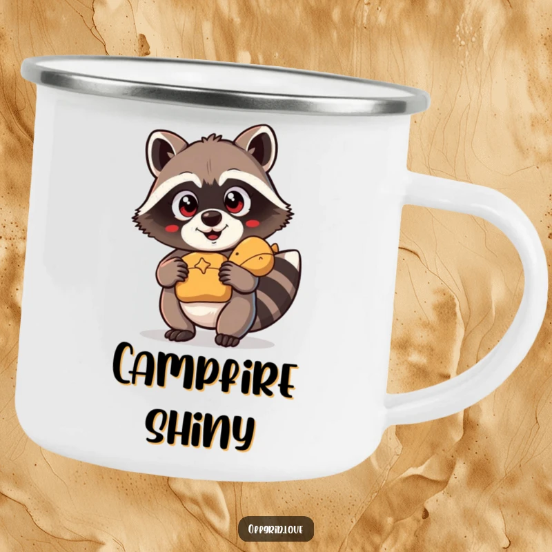 Funny Camping Mug: A wide-eyed raccoon holding a shiny treasure, ready for adventure.
