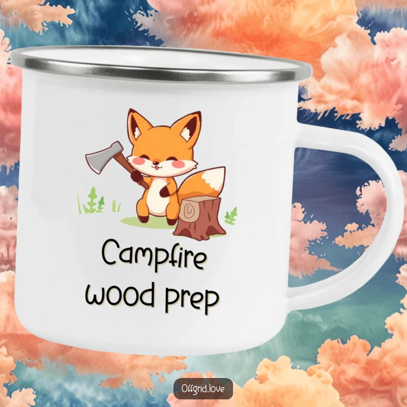Funny Fox Camping Mug: Cute fox chopping wood with a tiny axe, perfect for funny outdoor sipping.