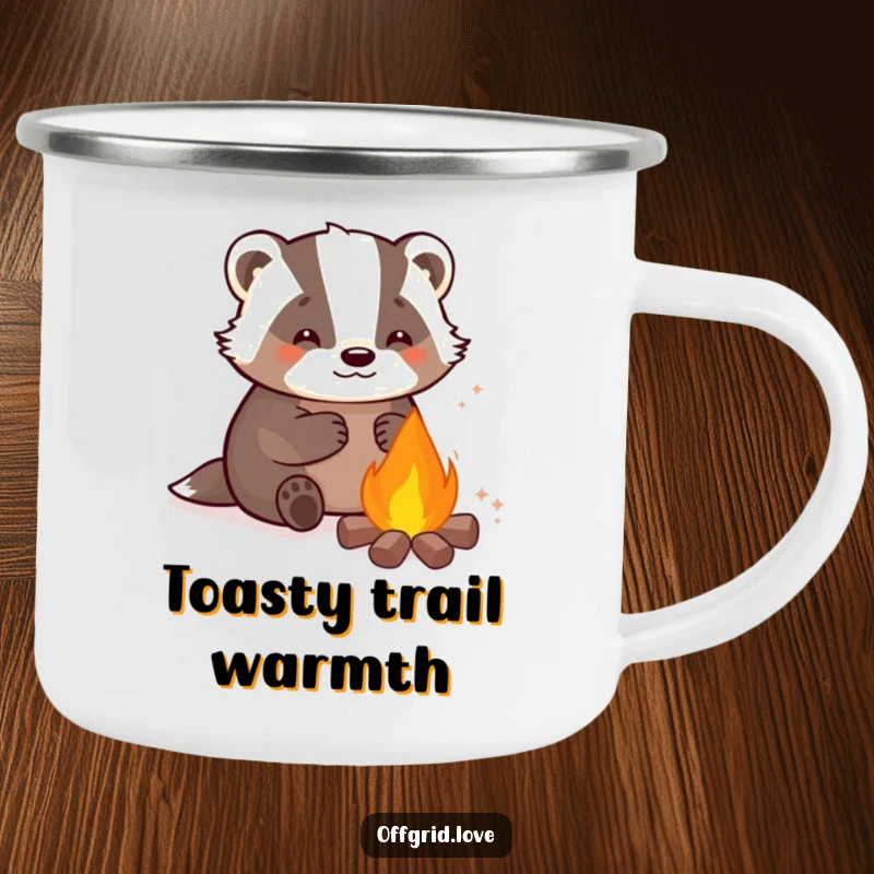 Funny camping mug showing a content badger character by a campfire, perfect for enjoying warm beverages outdoors with humor.
