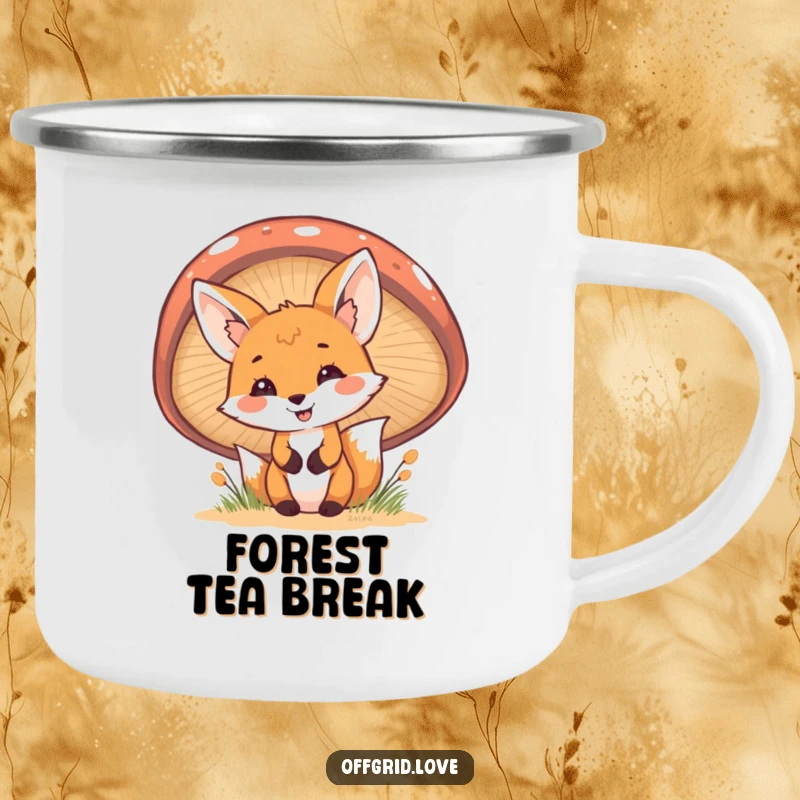 Funny Fox Camping Mug: A cheerful fox peeks from behind a mushroom, ready for outdoor enjoyment and humorous moments.