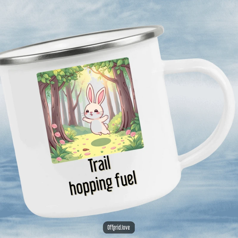 Funny Rabbit Camping Mug: A playful rabbit hops joyfully through a sun-dappled forest, ready for outdoor enjoyment and humorous moments.