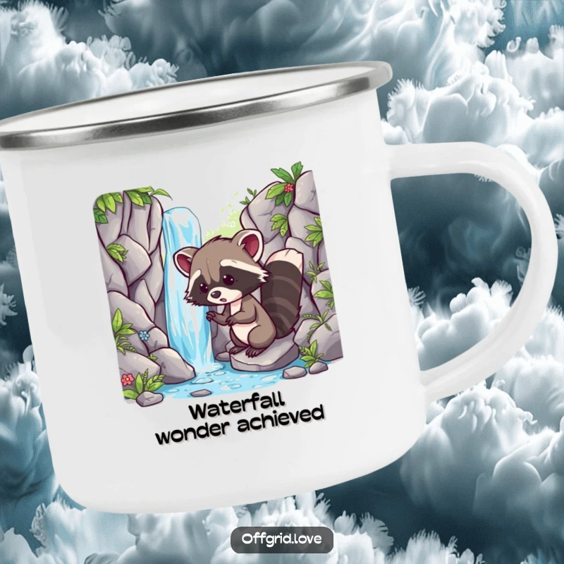 Funny camping mug with a playful racoon discovering a hidden waterfall, perfect for enjoying drinks outdoors on adventures.