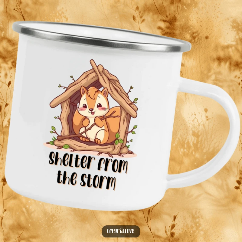 Funny squirrel character building a rustic shelter, perfect for a humorous camping mug.