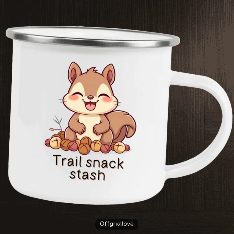 Funny Squirrel Camping Mug: A happy squirrel with a wide grin collects nuts, ready for outdoor enjoyment and humorous moments.