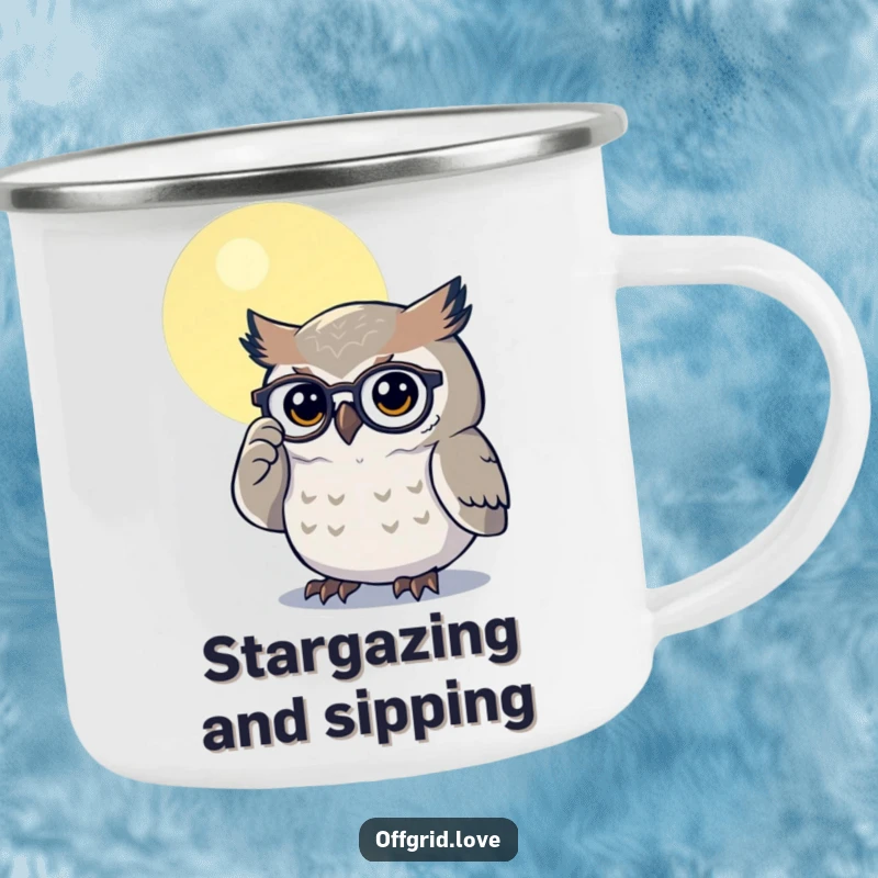 Funny camping mug with a determined owl polishing spectacles by moonlight, perfect for wise adventurers and night lovers.