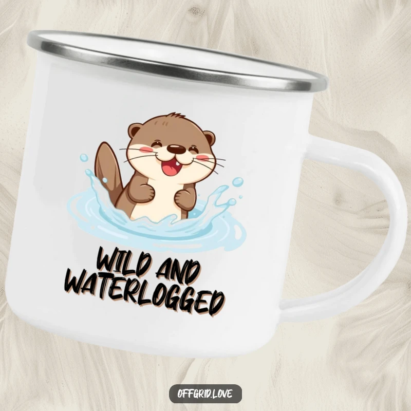 Funny camping mug featuring a happy otter character splashing in a natural stream, ideal for outdoor enthusiasts who love humor.