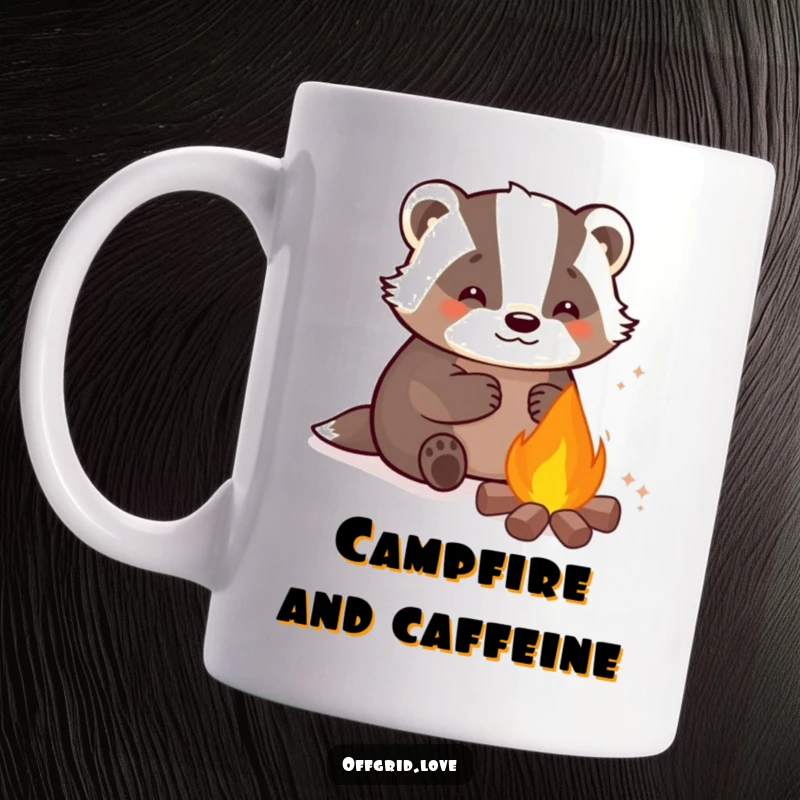 Funny mug featuring a content badger character relaxing by a warm, glowing campfire, radiating peaceful coziness.