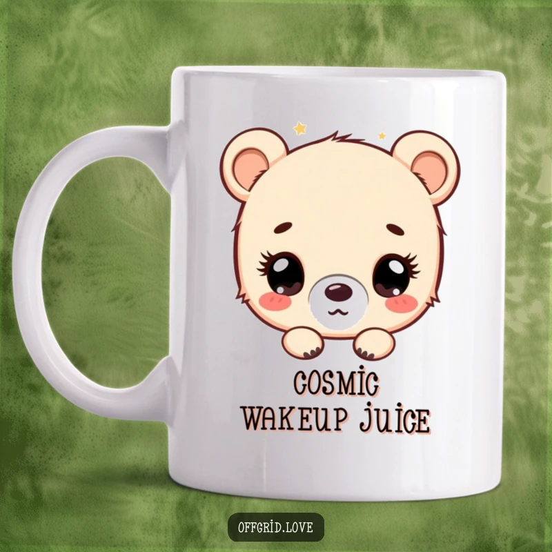 Funny bear cub character gazing at stars with wide, wondrous eyes, a humorous and awe-inspiring mug.