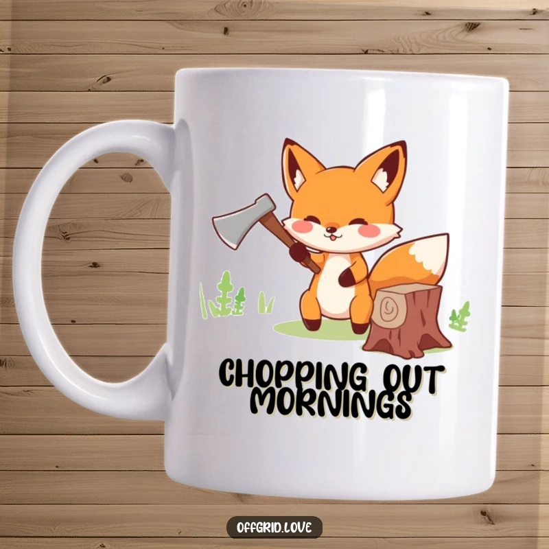 Funny Fox Mug: A cute fox cheerfully chops wood with a tiny axe, embodying funny hard work and determination.