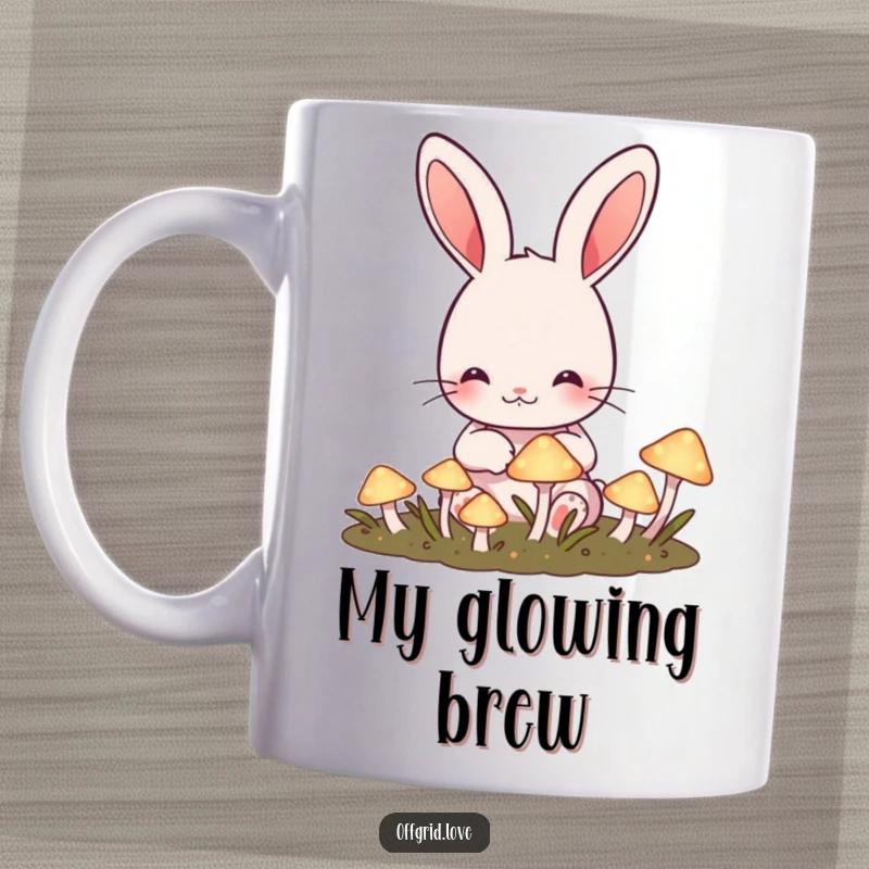 Funny Rabbit Mug: A cute rabbit happily tends a small garden of glowing mushrooms, embodying funny enchantment and care.
