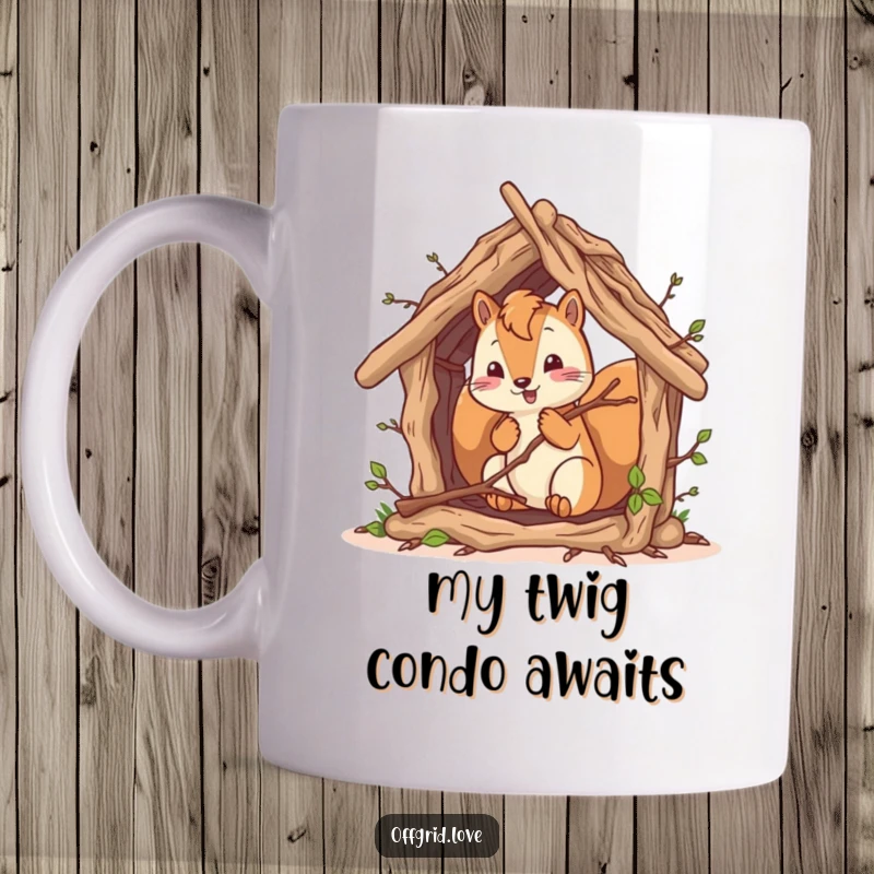 Funny squirrel character busy building a rustic shelter from twigs, a humorous scene for a coffee mug.