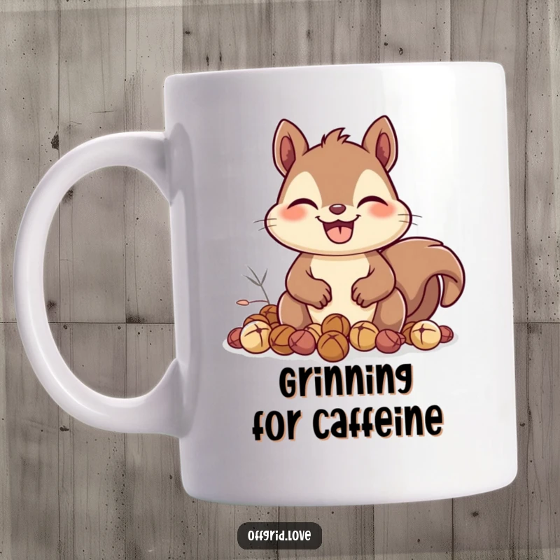 Funny Squirrel Mug: A very happy squirrel with a wide grin enthusiastically collects nuts, radiating pure autumn joy and humor.
