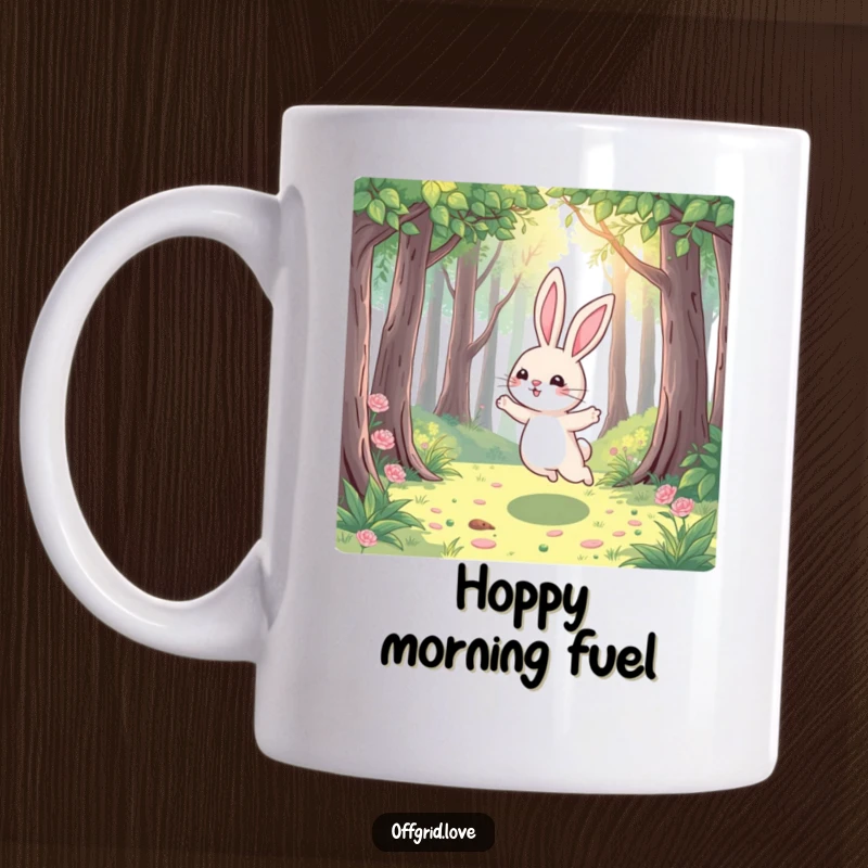 Funny Rabbit Mug: A playful rabbit hops joyfully through a sun-dappled forest, radiating happiness and lightheartedness.