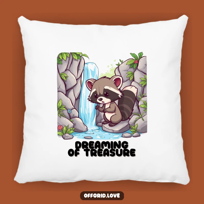 Funny Racoon Waterfall Pillow: Soft Adventure Cushion, Perfect Humorous Gift