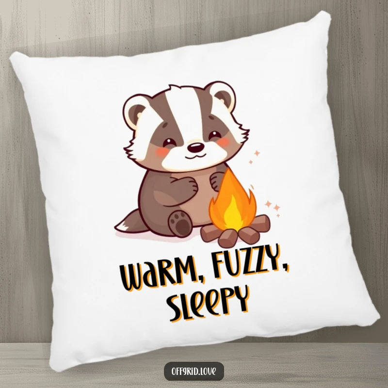 Funny pillow featuring a content badger character enjoying the warmth of a campfire, perfect for adding comfort and cheer.