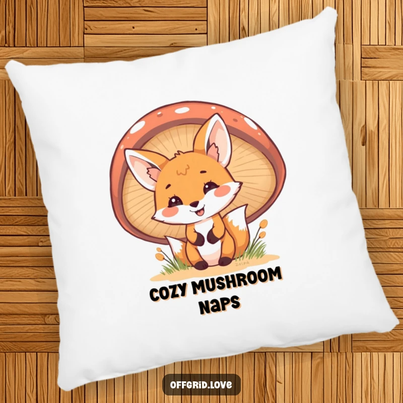 Funny Fox Pillow: A cheerful fox peeks from behind a mushroom, offering plush comfort and a humorous touch of forest enchantment.