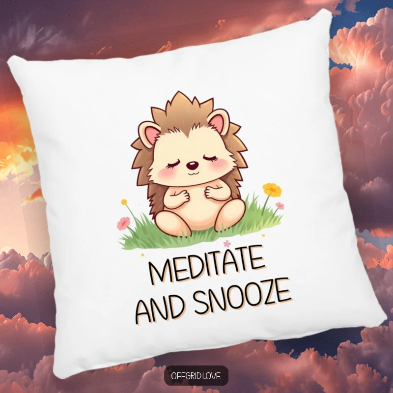 Funny pillow featuring a meditating hedgehog in a peaceful meadow, perfect for adding tranquility and humor to any relaxation space.