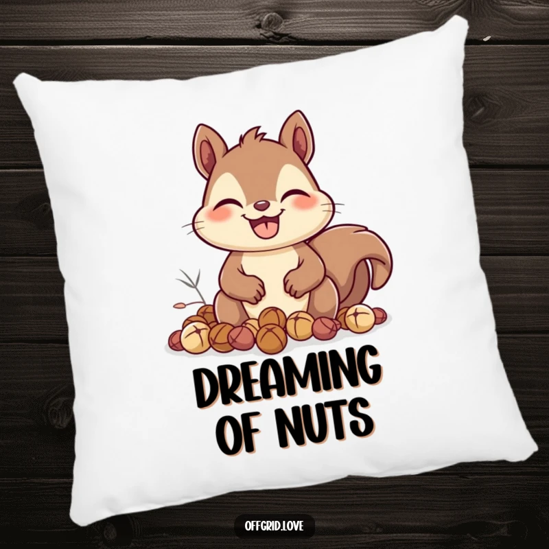 Funny Squirrel Pillow: A happy squirrel with a wide grin collects nuts, offering plush comfort and a humorous touch of autumn joy.
