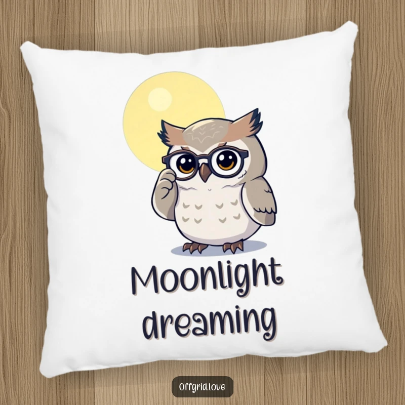 Funny pillow featuring a wise owl polishing spectacles by moonlight, adding a touch of intellect and comfort to any room.