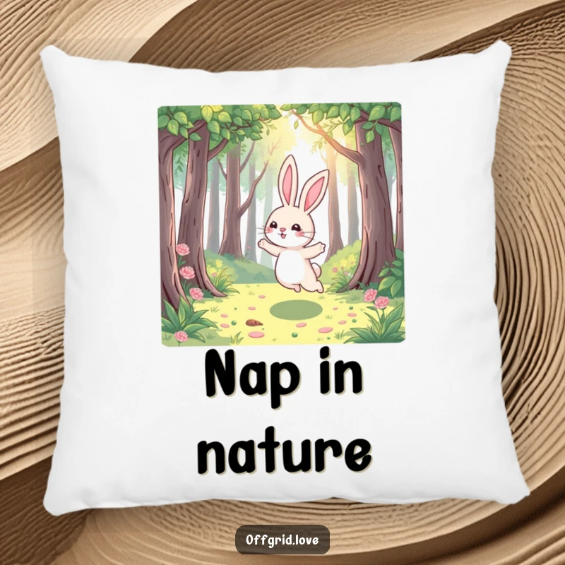 Funny Rabbit Pillow: A playful rabbit hops joyfully through a sun-dappled forest, offering plush comfort and a humorous touch of nature's delight.