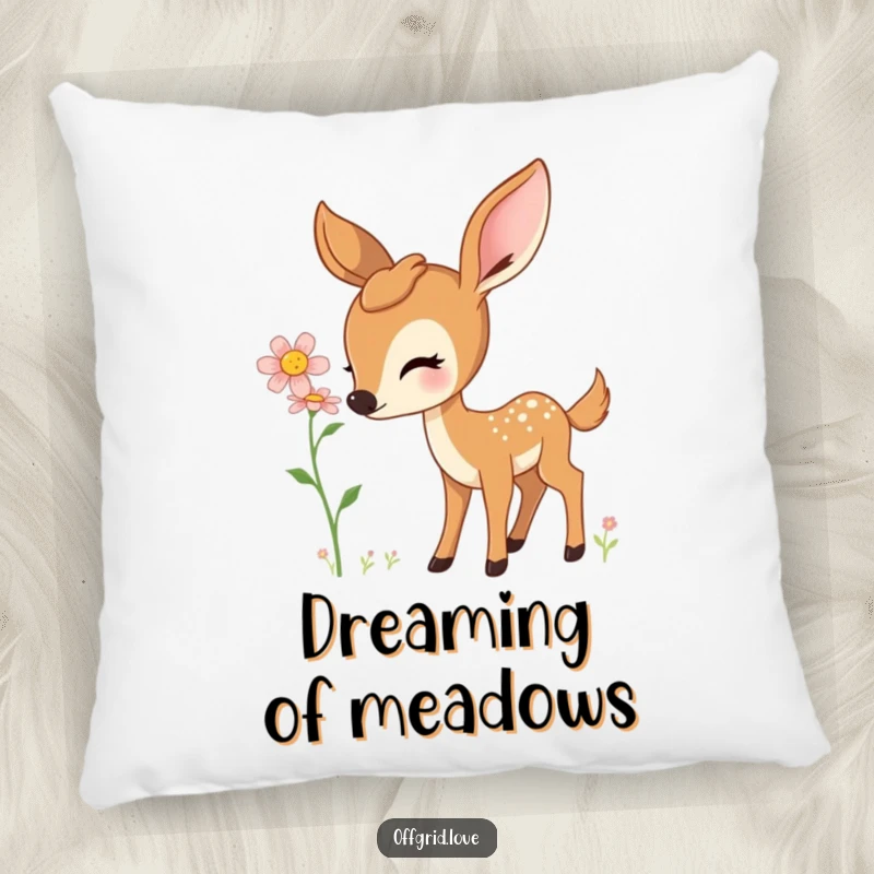 Soft decorative pillow with a curious deer gently sniffing a wildflower.
