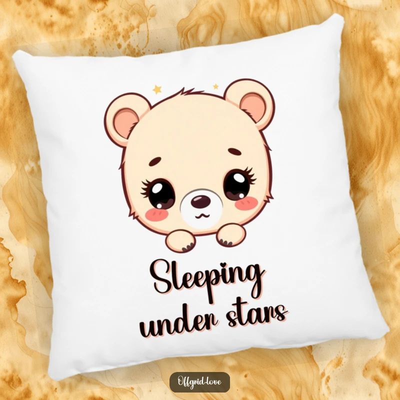 Funny bear cub character stargazing with wide eyes, a soft and humorous throw pillow.