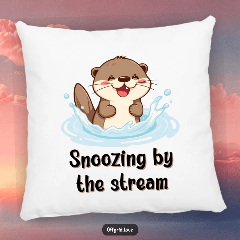 Funny pillow showcasing an otter character in mid-splash within a clear stream, bringing cheerful, playful vibes to any seating.
