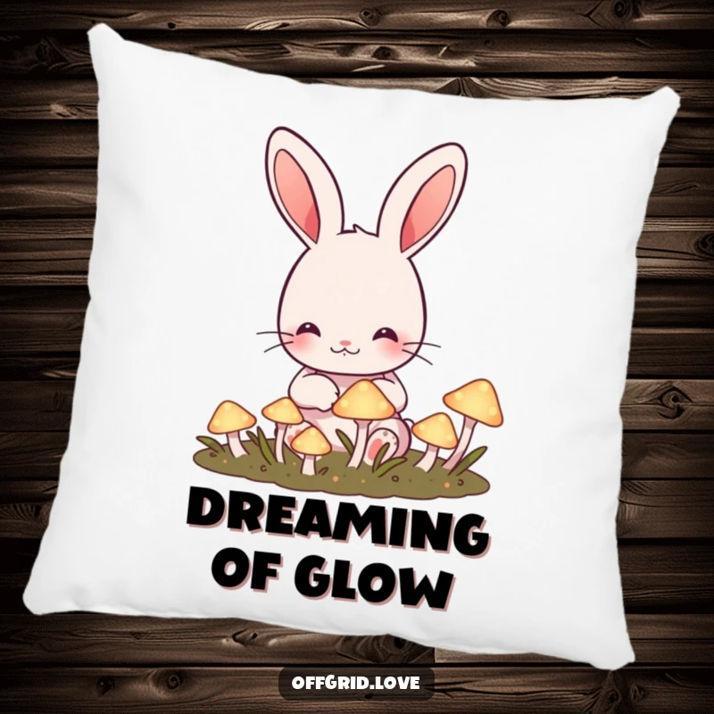 Funny Rabbit Pillow: Cute rabbit tending a garden of glowing mushrooms, a soft and funny decorative item.
