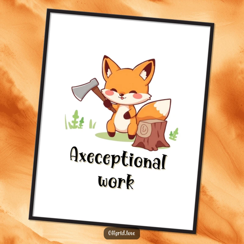 Funny Fox Digital Art Print: Cute fox chopping wood with a tiny axe, offering instant funny woodland charm.