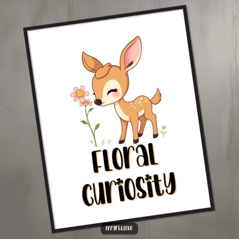 Digital art print of a curious deer gently sniffing a colorful wildflower.