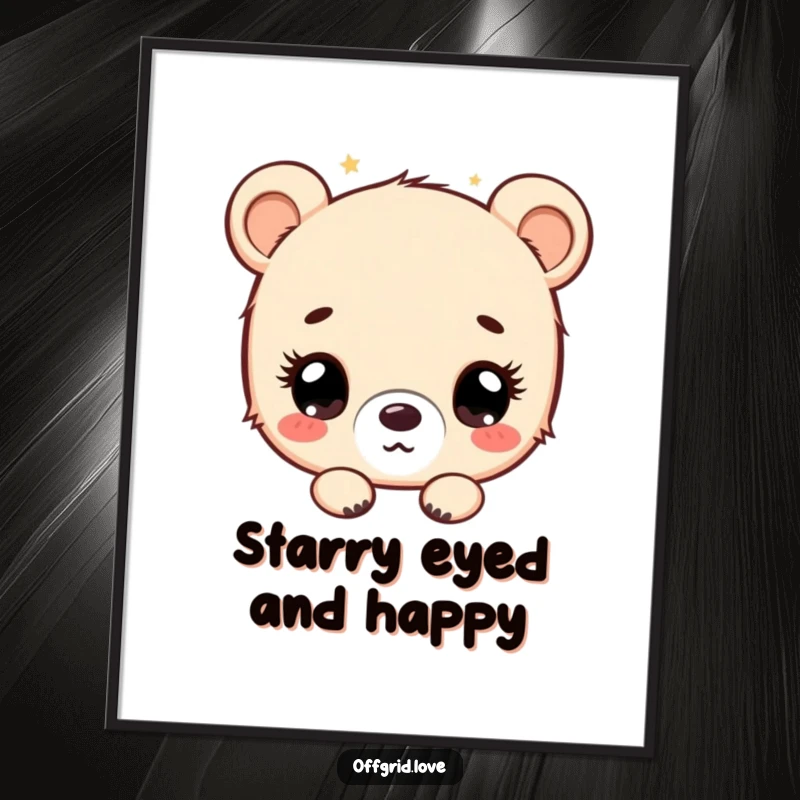 Funny bear cub character stargazing with wide, wondrous eyes, humorous digital art print.