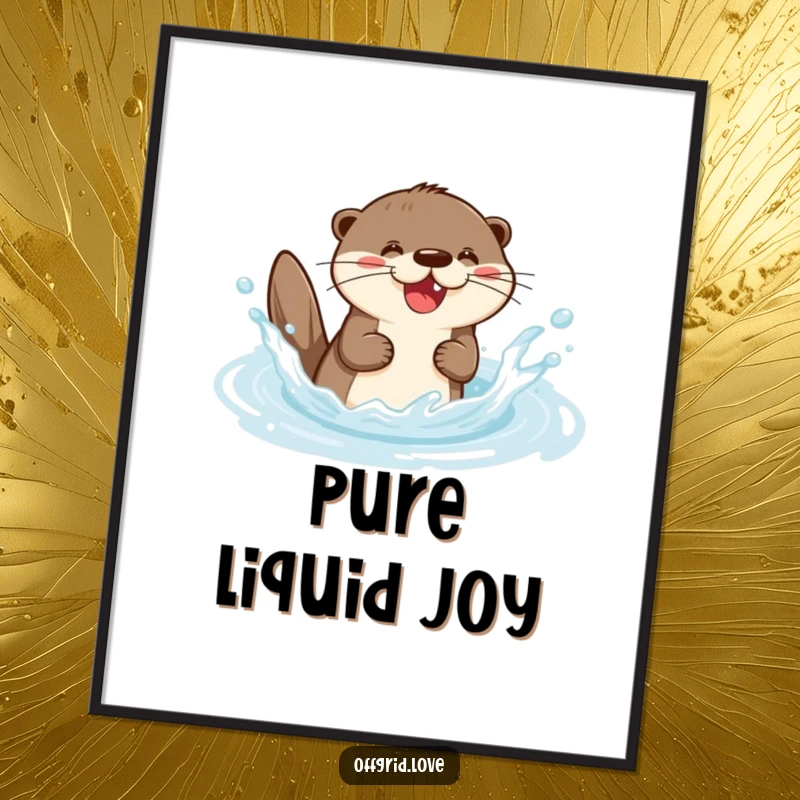 Funny digital art print of a delighted otter character joyfully splashing in a clear stream, capturing contagious happiness.