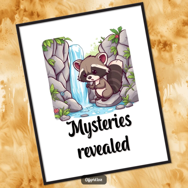 Funny digital art print of a playful racoon discovering a hidden waterfall, evoking a sense of wonder and fun.