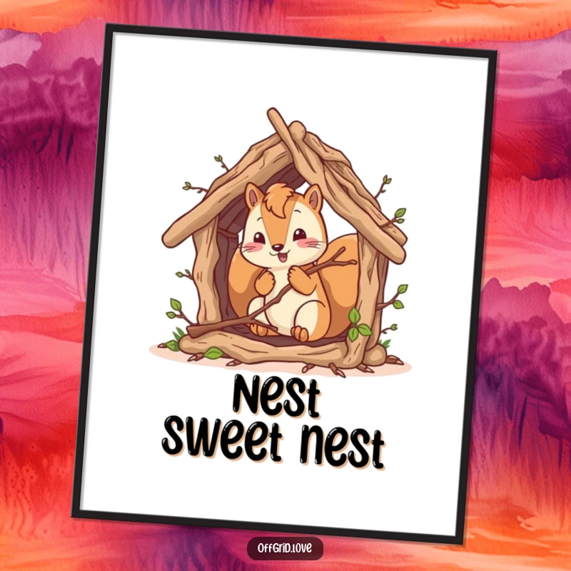 Funny squirrel character building a rustic shelter from twigs, humorous digital art print for home decor.