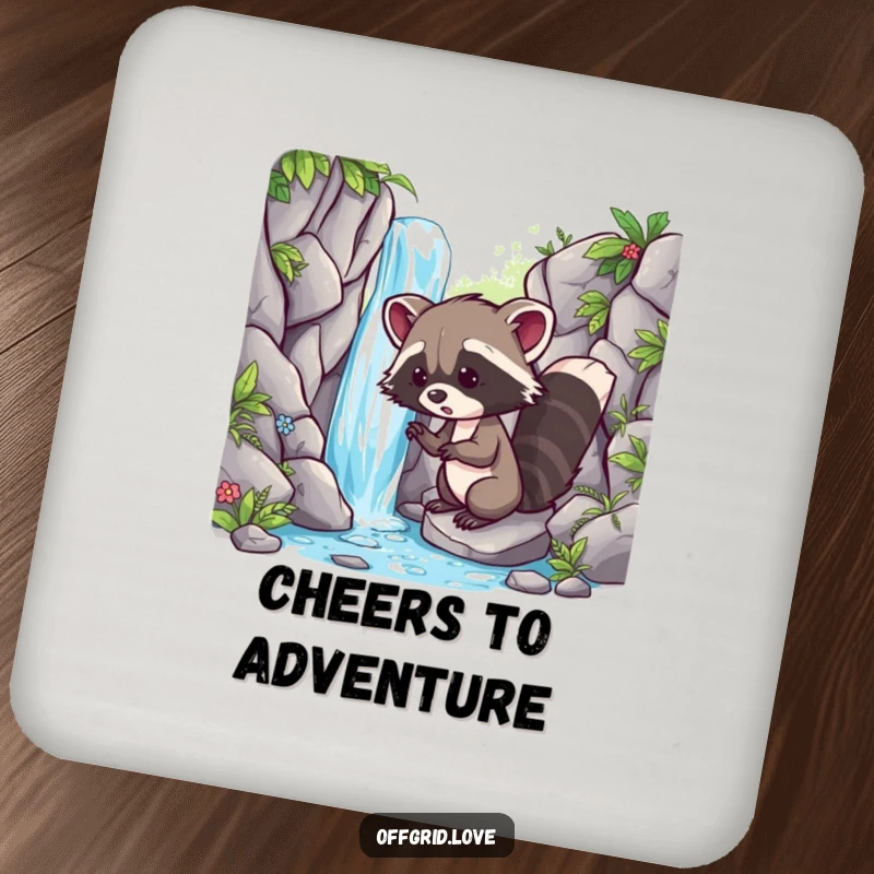 Funny drink coaster featuring a curious racoon discovering a hidden waterfall, perfect for adding an adventurous, humorous touch to tables.