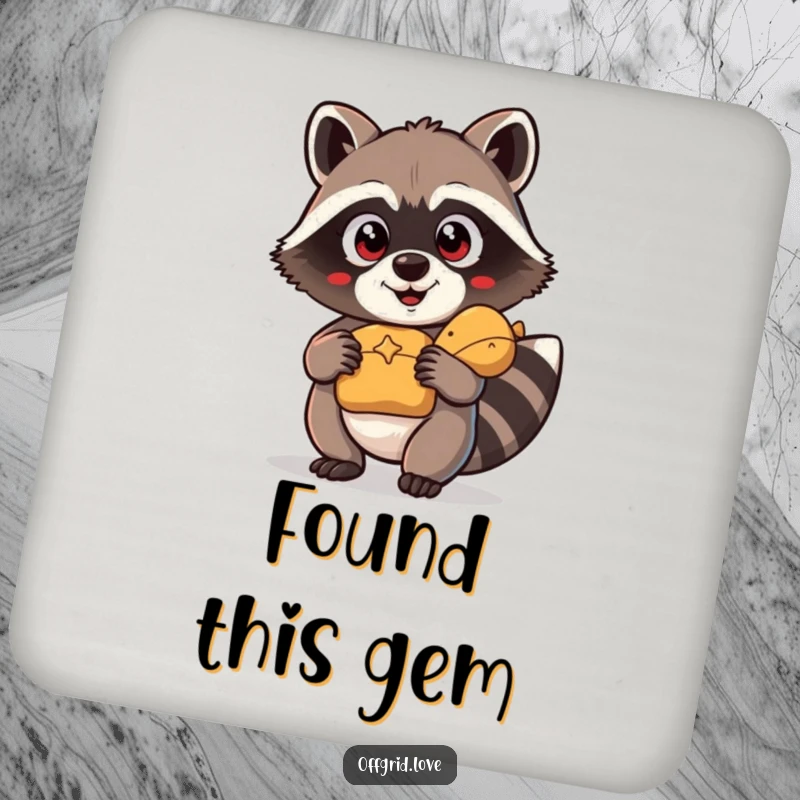 Funny Coaster: A wide-eyed raccoon clutching a found treasure protects your surfaces.