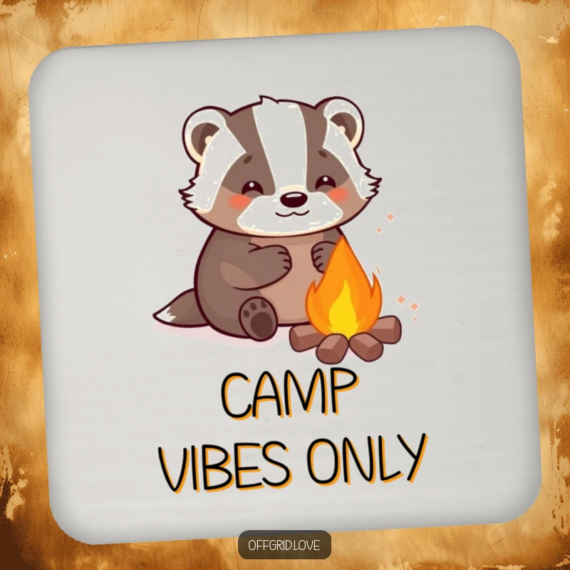 Funny drink coaster featuring a content badger warming by a campfire, perfect for adding a cozy, humorous touch to tables.