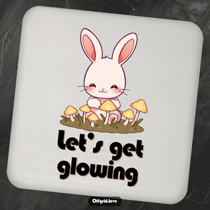 Funny Rabbit Coaster: Cute rabbit happily tending a garden of glowing mushrooms, a protective and funny gift.