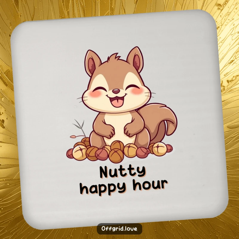 Funny Squirrel Coaster: A happy squirrel with a wide grin collects nuts, offering humorous protection for your tables.