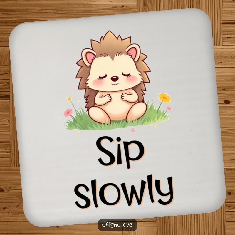 Funny drink coaster featuring a meditating hedgehog in a serene meadow, perfect for adding a peaceful, humorous touch to tables.