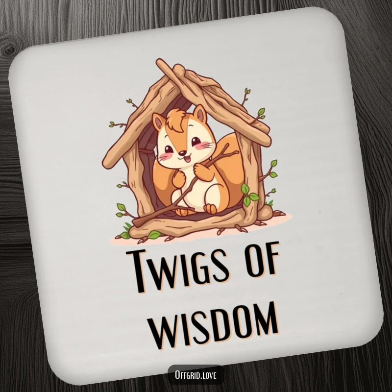 Funny squirrel character building a rustic shelter, humorous drink coasters for table protection.