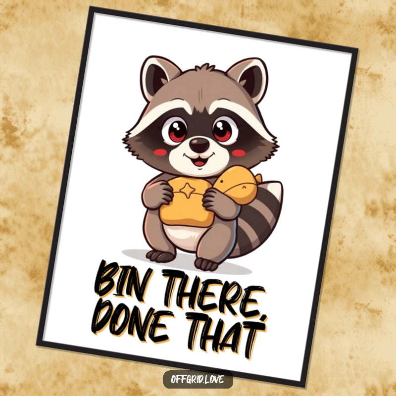 Funny Poster: Animated raccoon with wide, excited eyes holding a discovered shiny object.