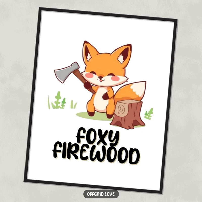 Funny Fox Poster: Cute fox cheerfully chopping wood with a tiny axe, a humorous and dynamic art piece.