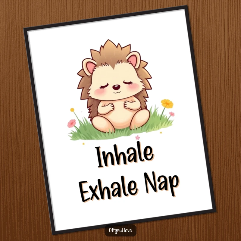 Funny poster depicting a hedgehog meditating peacefully in a serene meadow, evoking tranquility and gentle humor.