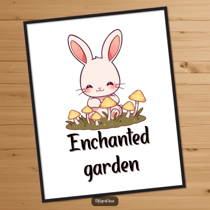 Funny Rabbit Poster: Cute rabbit happily tending a garden of glowing mushrooms, a magical and funny art piece.